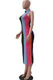Perspective Net Yarny Print Stripe Sleeveless Dress TRS1120