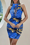 Fashion Print Imitation Cowboy On The Chest Broadside Hollow Out Dresses SXS6038