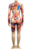 Trendy Coloured Drawing Printing Long Sleeve Casual Romper Shorts XZ5094