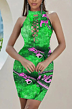 Fashion Print Imitation Cowboy On The Chest Broadside Hollow Out Dresses SXS6038