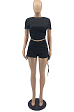 Fashion Blackless Shirred Detail Sleeve Short Shorts Sport Suit YYF8195