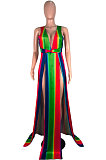 Dew Shoulder Open Fork V Neck Sexy Rainbow Printing Stripe Long Dress AMM8165