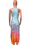Moire Gradual Change Positioning Printing Sleeveless Long Dress NK230