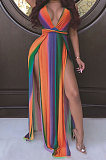 Dew Shoulder Open Fork V Neck Sexy Rainbow Printing Stripe Long Dress AMM8165