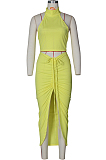 Summer Pure Color Round Neck Midriff Backless Top Drawsting Overskirt Suit ZS0383