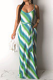 Casual Stripe Printing Gallus Long Dress（Contain Belt）AMM8163