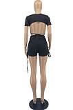 Fashion Blackless Shirred Detail Sleeve Short Shorts Sport Suit YYF8195
