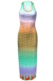 Fish Scales Gradual Change Positioning Printing Sleeveless Long Dress NK229