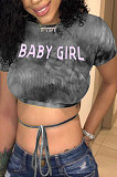 Shorts Sleeve Printing Letter Round Neck Sexy Set Head Crop Tops HYM6082