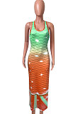 Fish Scales Double Color Positioning Printing Sleeveless Long Dress NK232