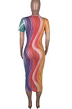 Tie Dye Sexy Net Yarn Hollow Out Perspective Short Sleev Midi Dress MOL137