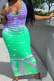 Fish Scales Double Color Positioning Printing Sleeveless Long Dress NK232