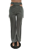 Casual Pure Color Hollow Out Waist Width Legs Flare Pants TRS1126
