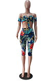 Women Casual Print Even The Sleeves Boob Tube Top Cropped Pants Suit TRS1127