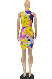 Women Printing Tie Dye Sleeveless Shirred Detail Skirts Sets SMY8084