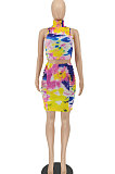 Women Printing Tie Dye Sleeveless Shirred Detail Skirts Sets SMY8084