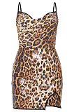 Women Hollow Out Sexy Leopard Sequin Bandeau Bra Mini Dress SN3743
