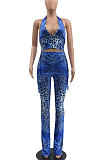 Positioning Printing Dark V Neck Knotted Strap Backless Wide-Legged Pants Trendy Two-Pieces MLM9052