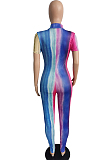 Sexy Colorful Print Pachage Hip Cultivate One's Morality Short Sleeve Zipper Jumpsuit MK025