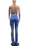 Positioning Printing Dark V Neck Knotted Strap Backless Wide-Legged Pants Trendy Two-Pieces MLM9052