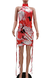 Women Personality Rope Decoration Print Dress TK6165