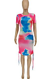 Euramerican Womne Trendy Printing Tie Dye Temperament Short Sleeve Mini Dress WME2042