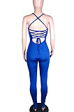 Fashion Sexy Pure Color Halter Neck Backless Eyelet Bind Bodycon Jumpsuits N9284