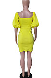 Round Neck Lantern Sleeve Sexy Package Buttocks Pure Color Mini Dress N9277
