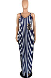 Women Sexy Stripe Gallus Leopard Pocket Long Dress YFS3659