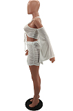 Fashion Casual Drawsting Fold Pure Color Short Skirt Sets W8380 