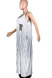 Women Sexy Stripe Gallus Leopard Pocket Long Dress YFS3659