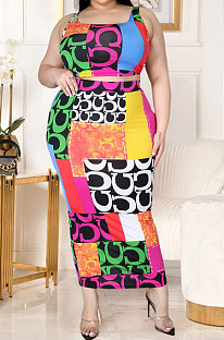 Leopard Letter Printing Vest Slit Skirt Plus Skirt Sets GL7021