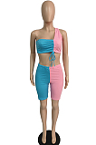 Summer Contrast Color Spliced Midriff Shorts Two-Piece JG022