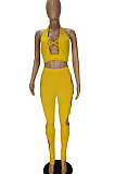 Pure Color Cross Sexy Hollow Out Halter Neck Vest Hole Hole Pants Two-Pieces QMQ7035