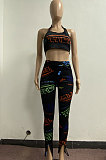 Fashion Casual Letters Print Two-Piece Sets Halter Neck Top Long Pants AYM5008