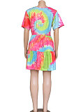 Digital Printing Simple Giant Swing Printing Round Neck Knotted Strap Short Sleeve Mini Dress CYC751