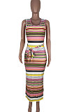 Contrast Color Printing Stripe Gallus Pit Bar Long Dress KXL828