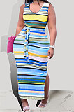 Contrast Color Printing Stripe Gallus Pit Bar Long Dress KXL828