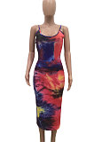 Sexy Trendy Gallus Printing Tie Dye Backless Midi Dress AMW8220