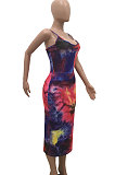 Sexy Trendy Gallus Printing Tie Dye Backless Midi Dress AMW8220