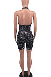 Hollow Out Sleeveless Printing Bind Sexy Tight Romper Shorts OH8055