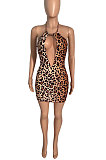 Sexy Net Yarn Spliced Leopard Bind Mini Dress Q800