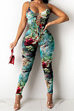 Color Printing Hollow Out Bind Gallus Bodycon Jumpsuits Q838