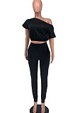 Inclined Shoulder Casual Pocket Sexy Fashion Pants Sets XXR2135