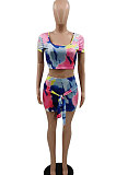Women Fashion Tie Dye Short Sleeve Skirts Sets KKY8024