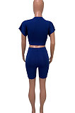 Women Sport Trendy Short Sleeve Pure Color Shorts Sets Q805