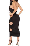 Halter Neck Sexy Hollow Out Ruffle Pure Color Midi Dress Q778