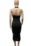 Halter Neck Sexy Hollow Out Ruffle Pure Color Midi Dress Q778
