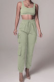 Casual Pure Color Pocket Knotted Strap Long Pants Soprt Vest Two-pieces QLY95013