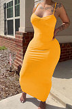 Pure Color Ruffle V Neck Gallus Cultivate One's Morality Sexy Long Dress MLM9058
